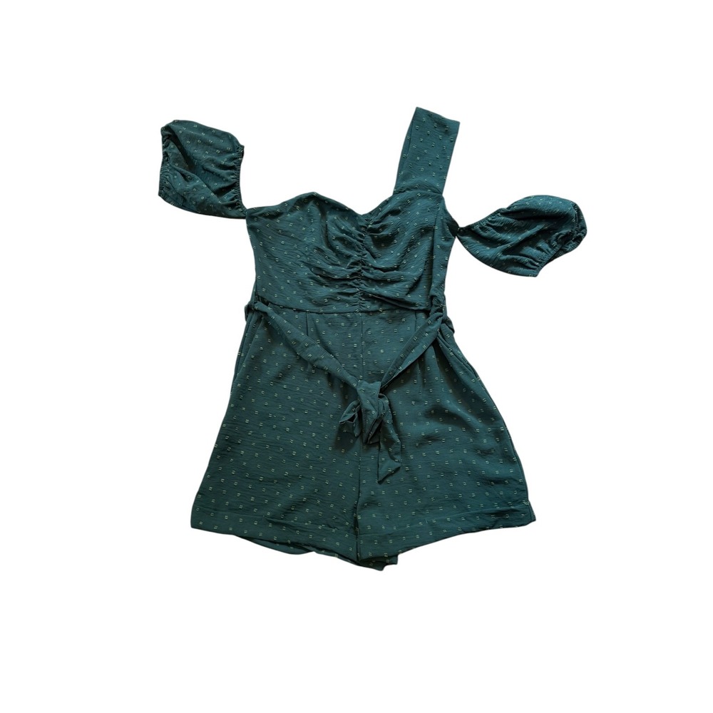 Cupshe Green Clip Dot Asymmetric Romper One Shoulder Puff Sleeve Smocked Back L
